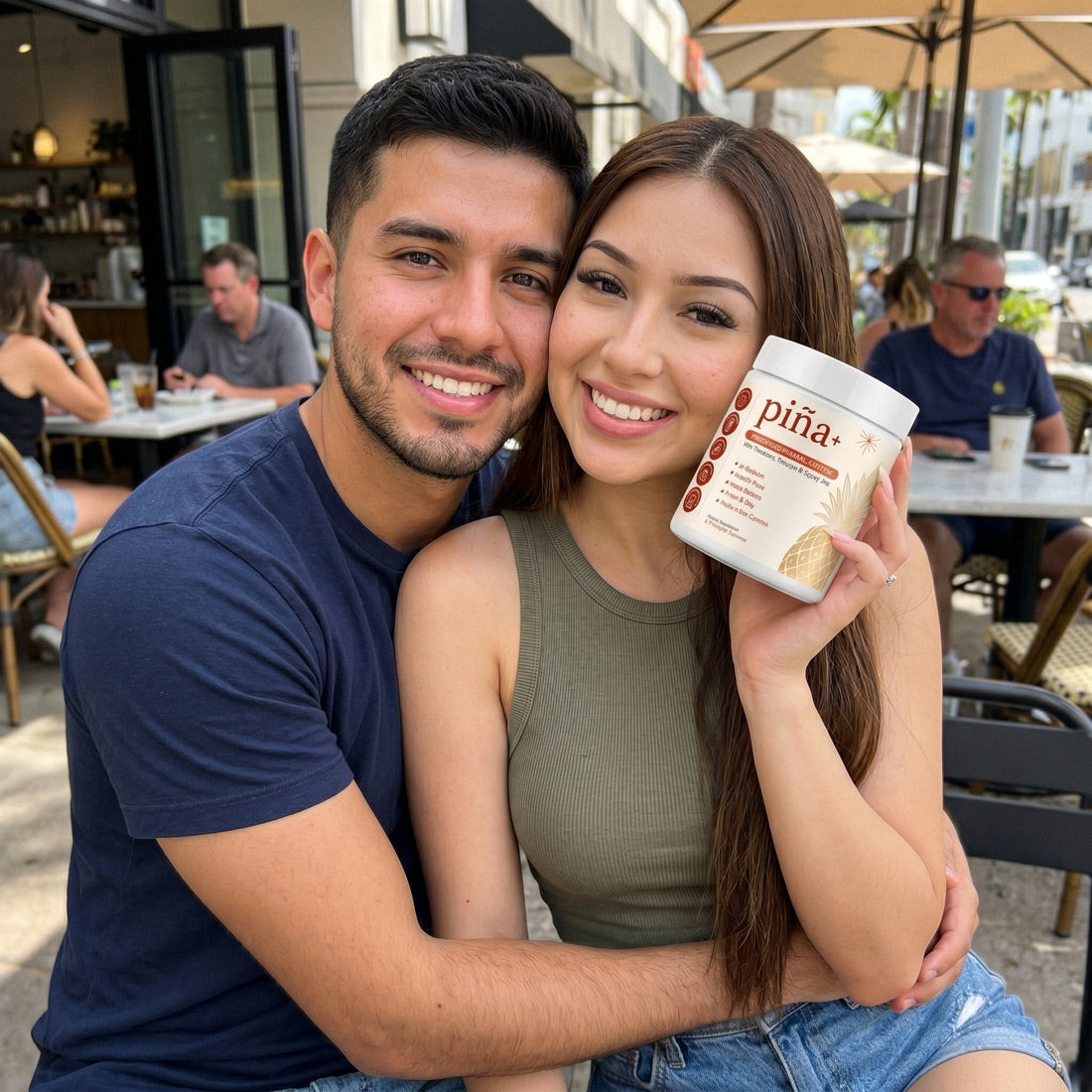 Happy couple with Piña+ bottle